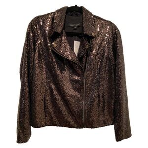 Colleen Lopez Lined Sequin Bomber Moto Jacket Antique Gold Bronze S New